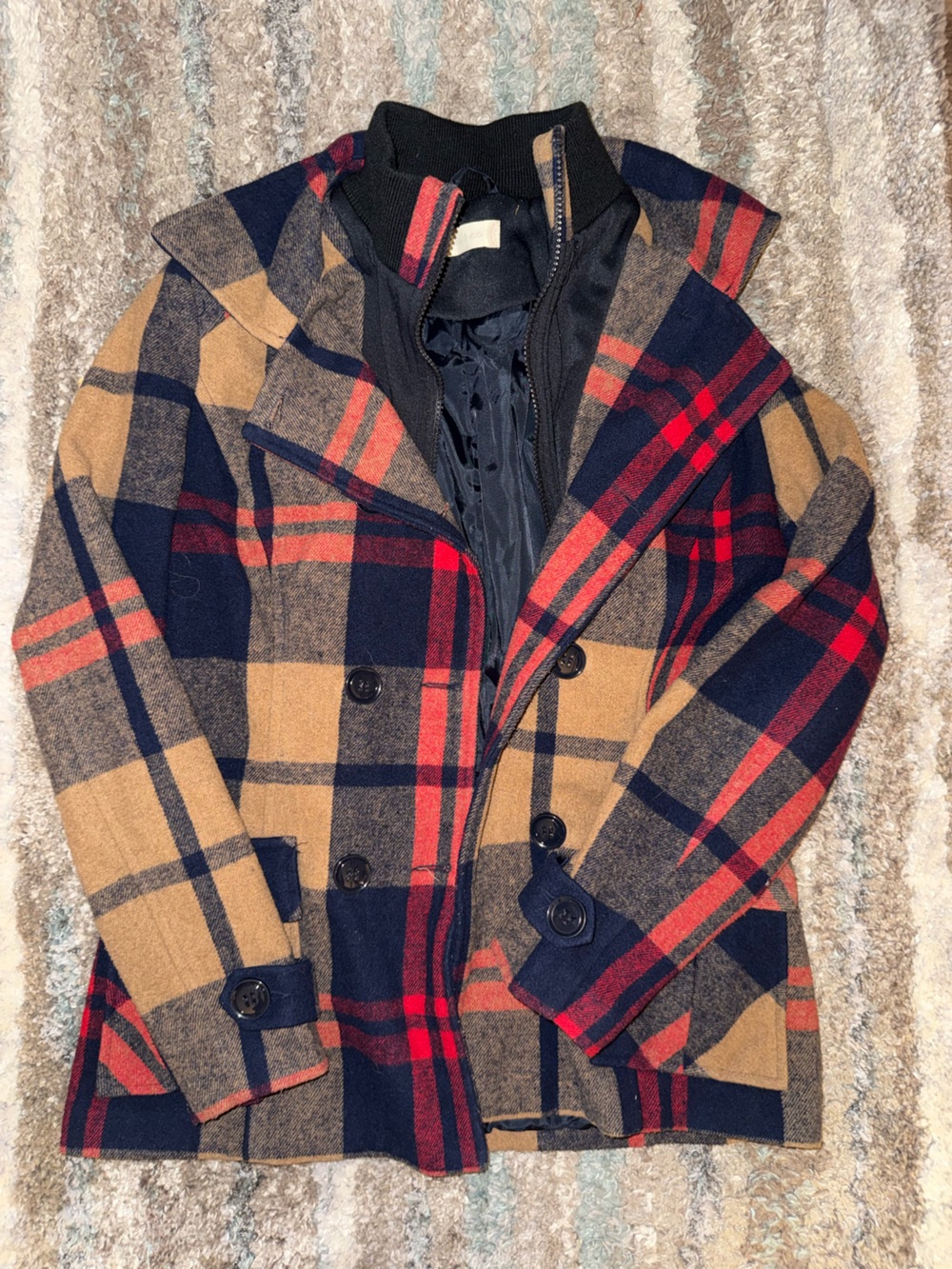Altar'd State Plaid Double-Breasted Pea Coat in Navy, Tan & Red